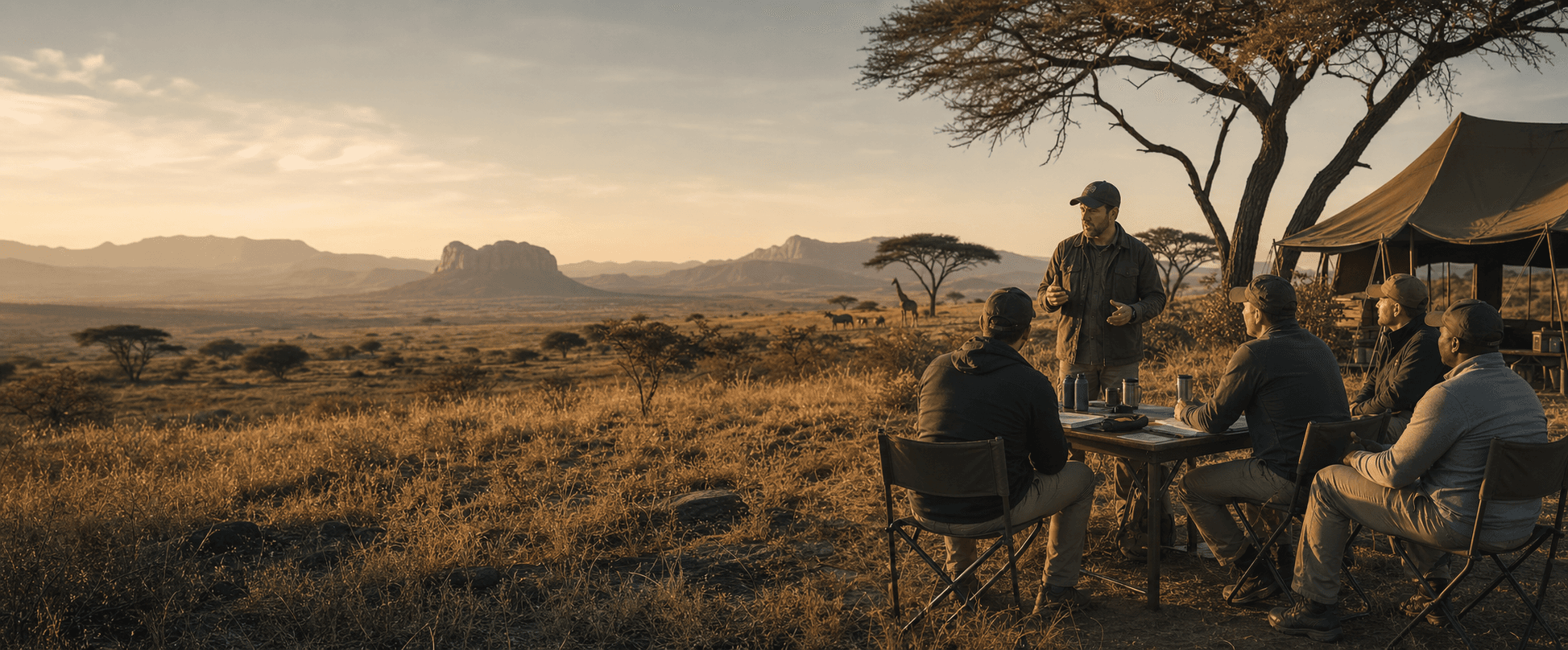 Men gathered for outdoor training at a wildlife retreat